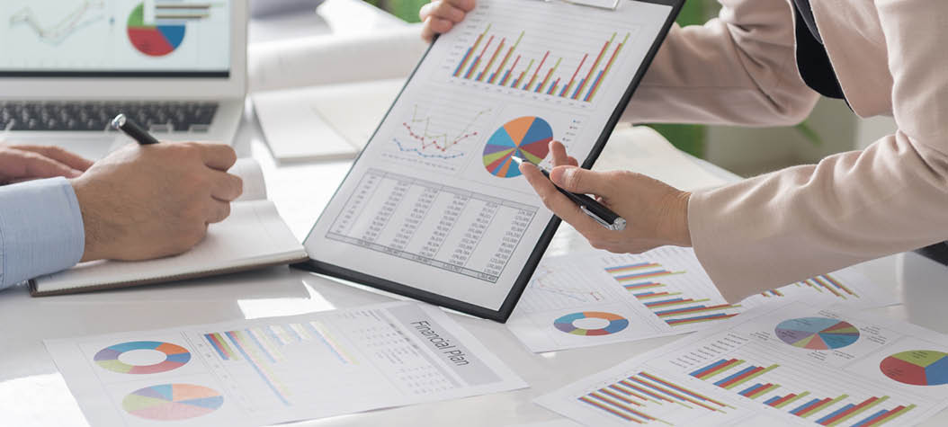 businesswomen presentation result of business and discussion at meeting of corporate showing the results of their successful teamwork 